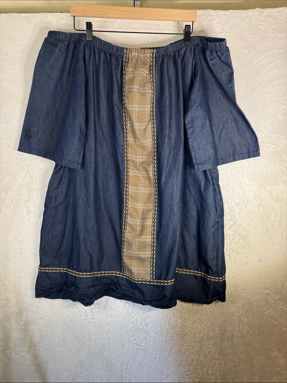 Denim Off-Shoulder Dress with Plaid Center Panel 3X